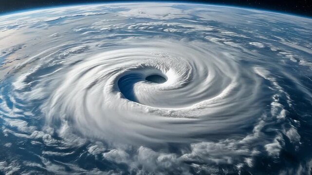 Massive hurricane swirling over ocean showcasing the raw power and beauty of nature from above
