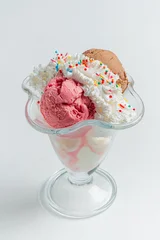 Delicious dessert featuring vibrant ice cream and fluffy whipped cream in a classic glass dish © Maksim Shebeko