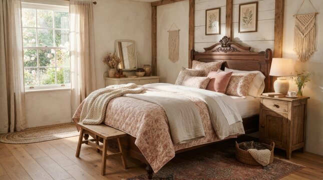 Cozy rustic bedroom with floral bedding and natural light from window