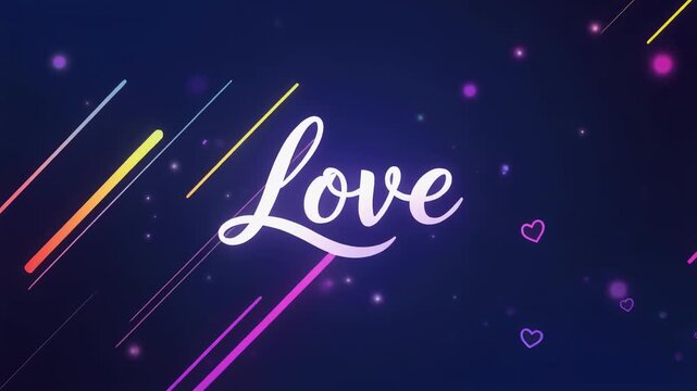 Elegant cursive 'Love' text appearing with glowing particle trails during a cosmic night sky transition