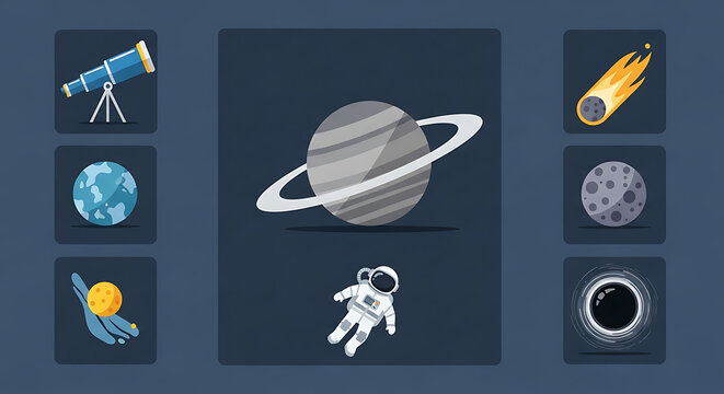Collection of vector icons with exploration planets astronomy related space exploration displays set vector illustration astronaut telescope