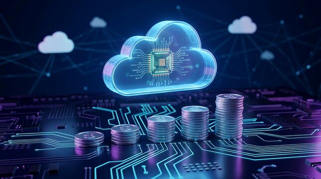 Abstract glowing cloud computing technology with circuit board and stacks of silver coins, symbolizing digital financial growth and data management in modern business.