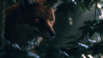 Fototapeta premium A fox with glowing eyes sits among dark leaves in a forest. Light breaks through the trees, creating a special look at the animal.