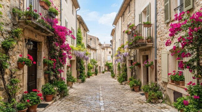Charming European cobblestone street lined with blooming flowers and historic buildings