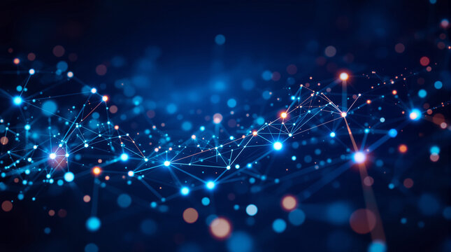 Abstract glowing network of connected dots and lines over deep navy blue gradient, data technology concept background