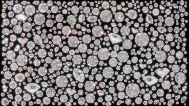 600 brilliant 3D diamonds scattering and filling a 4K screen in various sizes and various angles featuring optical dispersion fire and light streaks created by 3D render.
