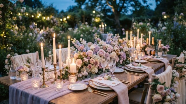Elegant garden wedding reception table setting with flowers and candles at dusk