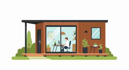 Obraz premium Modern Modular Tiny House and Backyard Office Pod with Man Working on Laptop, Sustainable Remote Work and Home Studio Flat Illustration