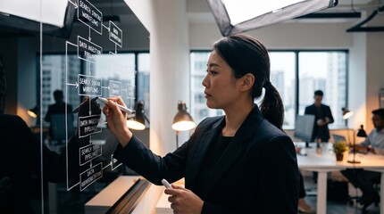 Fototapeta premium Asian businesswoman drawing flowchart on glass wall, professional office setting, corporate strategy and data analysis concept, modern workspace background