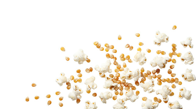 Scattered popcorn and unpopped kernels on a clean white background, viewed from above.