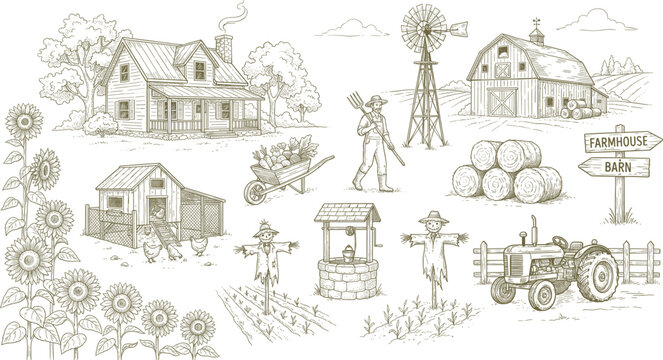 Hand Drawn Farm Life Icon Set with Farmhouse Barn Tractor and Scarecrow