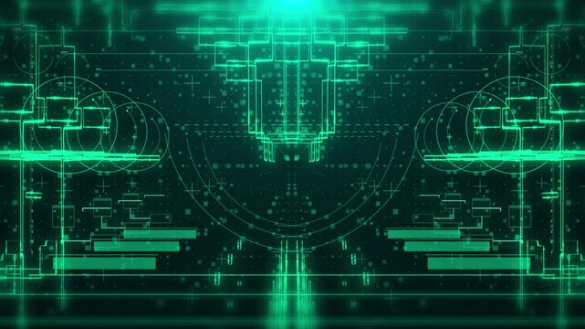 Technology digital futuristic cyberspace data network structure concept background. Green future scifi glow transmission line fly through 4k motion background.