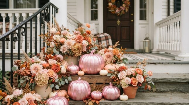 Elegant autumn porch decor with pink pumpkins and floral arrangements