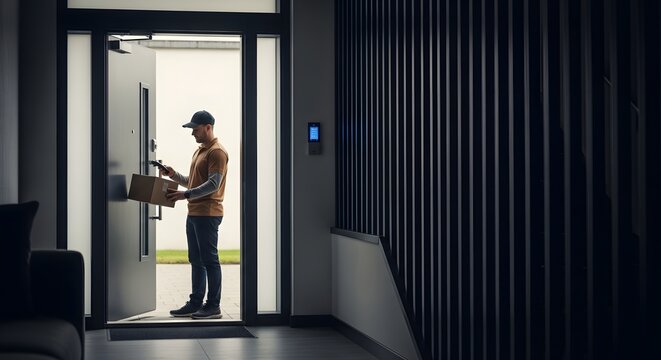 Delivery person in a uniform scanning a cardboard parcel at the open glass door of a contemporary luxury apartment with a minimalist dark interior and smart home system.