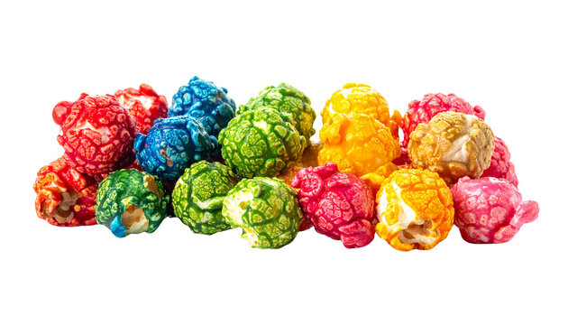 A vibrant assortment of colorful candy-coated popcorn in red, blue, green, yellow, and pink, isolated on transparent background, bright studio lighting, festive appearance