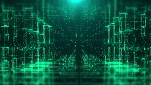 Technology digital cyberspace data storage network simulation platform. Futuristic blue 3d layer of stream lines, hud interface system 4K motion background.