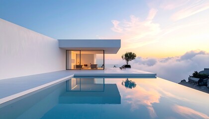 Fototapeta premium Minimalist white villa surrounded by soft morning mist above the clouds