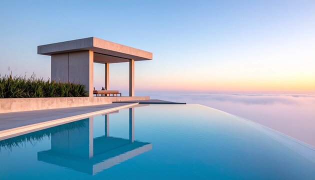 Modern architectural pavilion with an infinity reflecting pool, soft fog and a serene mood