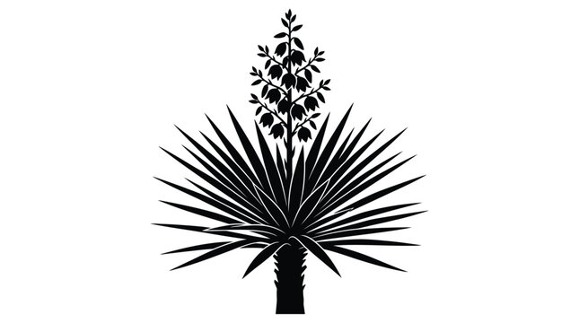 Yucca plant vector illustration featuring black silhouette with blooming flowers isolated on a clean white background