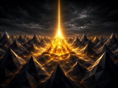 Abstract landscape of dark geometric pyramid mountains under a dramatic stormy sky with a bright golden light beam shining from the center peak