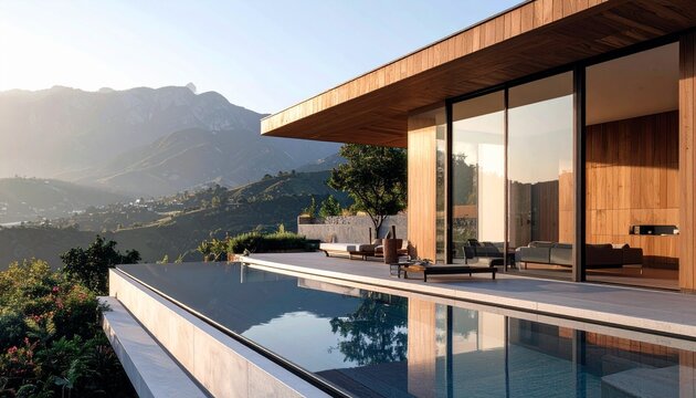 Luxury villa featuring warm wooden textures, panoramic glass walls and an infinity pool