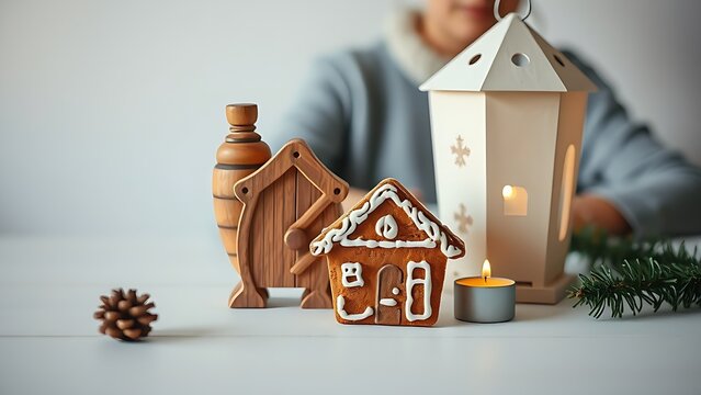 Miniature carved alphorn, gingerbread chalet cookie and paper lantern on workspace, safe tradition concept