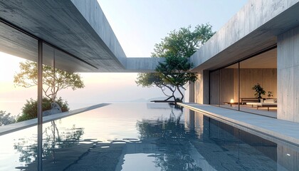 Fototapeta premium Japanese minimalist concrete house with an infinity pool and tranquil atmosphere