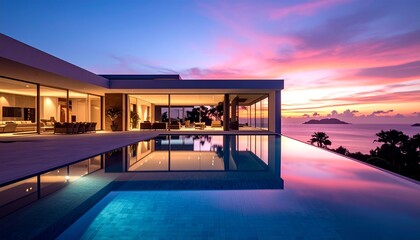 Fototapeta premium Contemporary villa with an infinity pool beneath a vibrant twilight sky