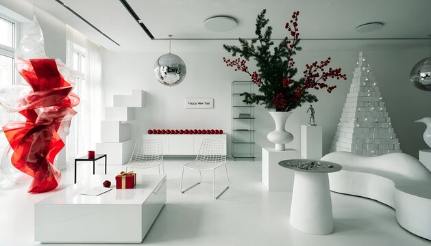 Modern white Christmas interior design. Minimalist holiday living room with festive decor.