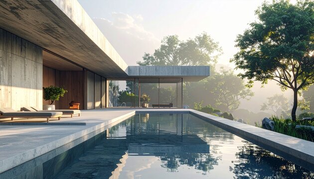 Japanese minimalist concrete house with an infinity pool and tranquil atmosphere