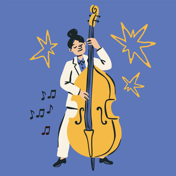 Person dressed in white with music instrument. Musician playing Contrabass. Hand drawn trendy Vector illustration. Isolated design element. Concert, music school, jazz fest, band, orchestra concept