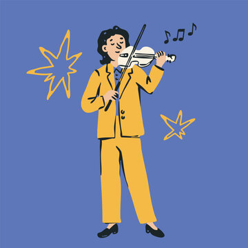 Person dressed in yellow with music instrument. Musician playing Violin. Hand drawn trendy Vector illustration. Isolated design element. Concert, music school, jazz fest, band, orchestra concept