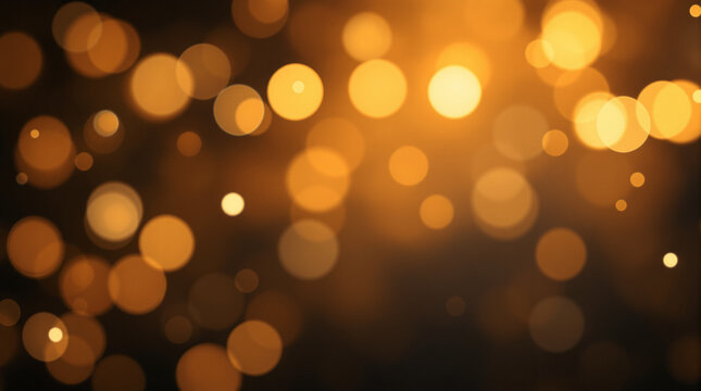 Soft focus golden bokeh lights background with amber and champagne glowing orbs on warm dark backdrop, festive atmosphere