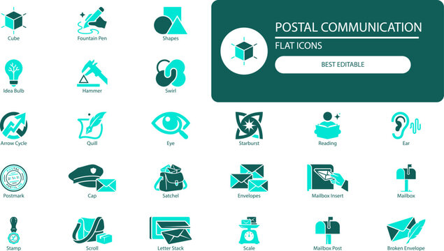 Postal communication icons set. Simple cutout vector symbols of mail, envelope, stamp, and postbox for business and web design
