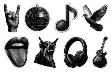 PNG Retro music-themed sticker collection on transparent background