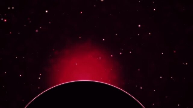 Ethereal crimson nova emerging behind a mysterious planet silhouette in a dark starry galaxy