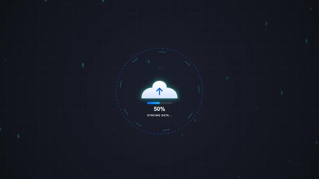 Cloud Upload Progress: A futuristic interface displays a cloud icon with an upload arrow and a progress bar indicating 80% completion, symbolizing data transfer and digital storage.
