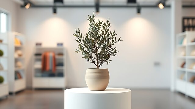 Small olive tree in neutral ceramic pot on white podium, home decor and natural wellness retail banner.