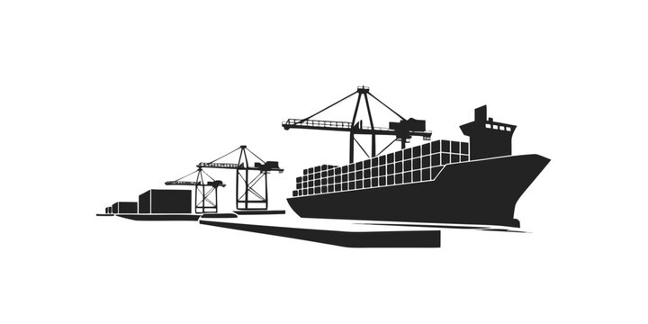 Cargo container ship with cranes and containers on white background, cargo ship shipping containers