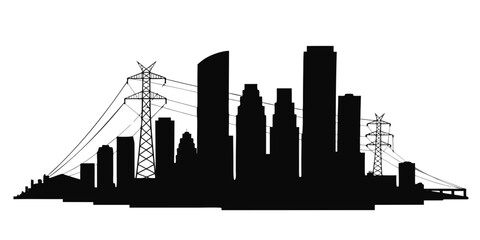 Obraz premium Modern city skyline with iconic skyscrapers and communication towers silhouetted against a clear sky
