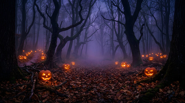 Spooky dark forest path illuminated by glowing jack-o'-lantern pumpkins at night