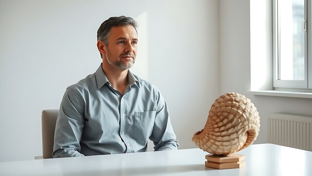 Unrecognizable professional in linen shirt alongside stone conch shell sculpture on desk, creative workplace concept