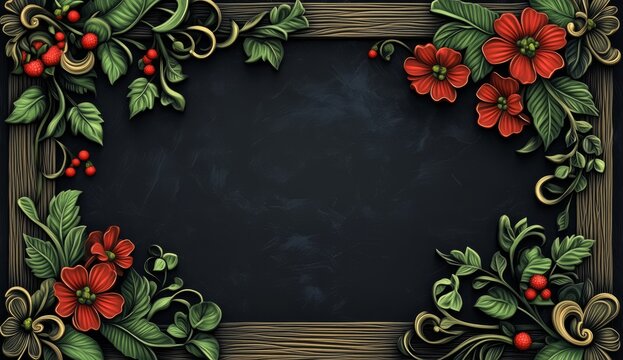 Rustic Holiday Floral Frame With Empty Chalkboard Center.