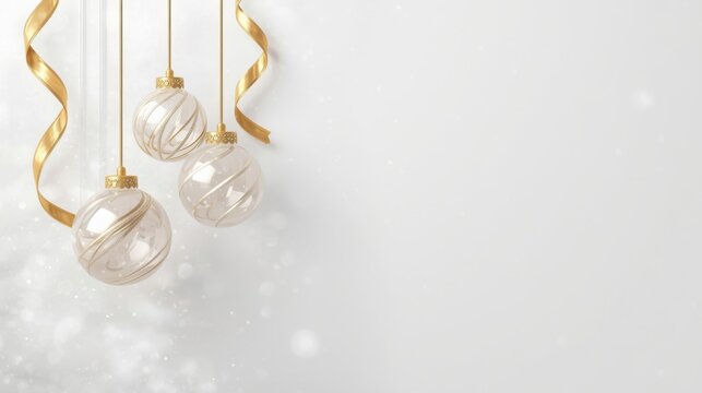 Elegant hanging glass christmas ornaments with gold ribbons against a soft white bokeh background