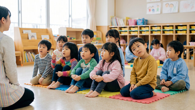 保育士の話に耳を傾ける園児たち、一人だけ困惑した表情の男の子