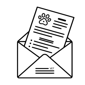 Outline vector icon showing veterinary email communication, digital newsletter, pet healthcare updates and online messaging.