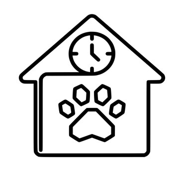 Outline vector icon illustrating veterinary home visit scheduling, appointment planning and mobile pet healthcare services.