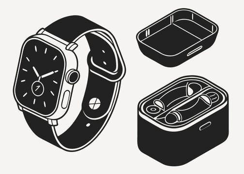 modern black wireless earbuds with a compact charging case, minimal futuristic details and smooth rounded glom