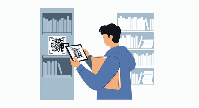 Man Scanning QR Code on Bookshelf with Tablet in Modern Library - Vector Illustration for Digital Education and Smart Technology