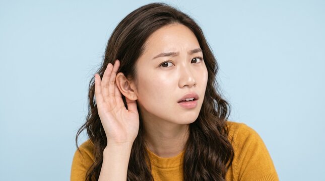 Young woman cupping hand to ear. Curious girl listening intently to a conversation.